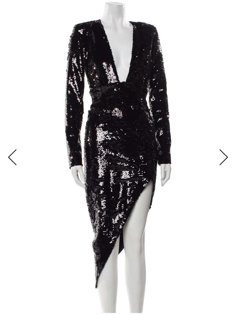 Black Sequin Plunge V-Neck Asymmetric Long-Sleeve Dress